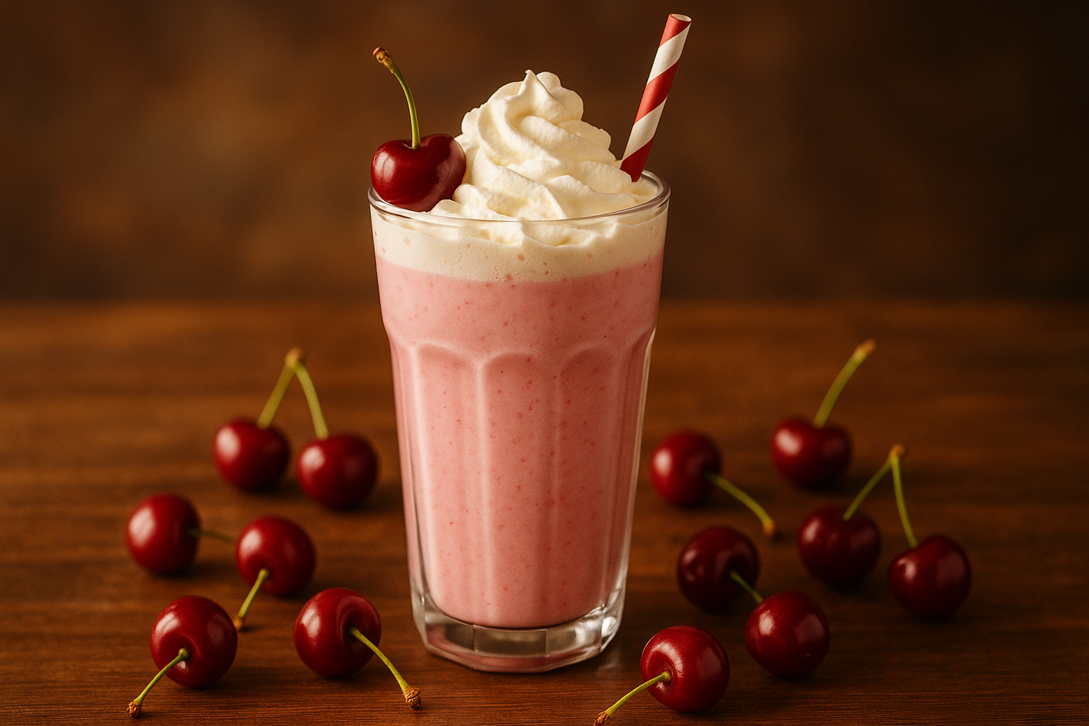 cherry milkshake with cherries sitting on the table