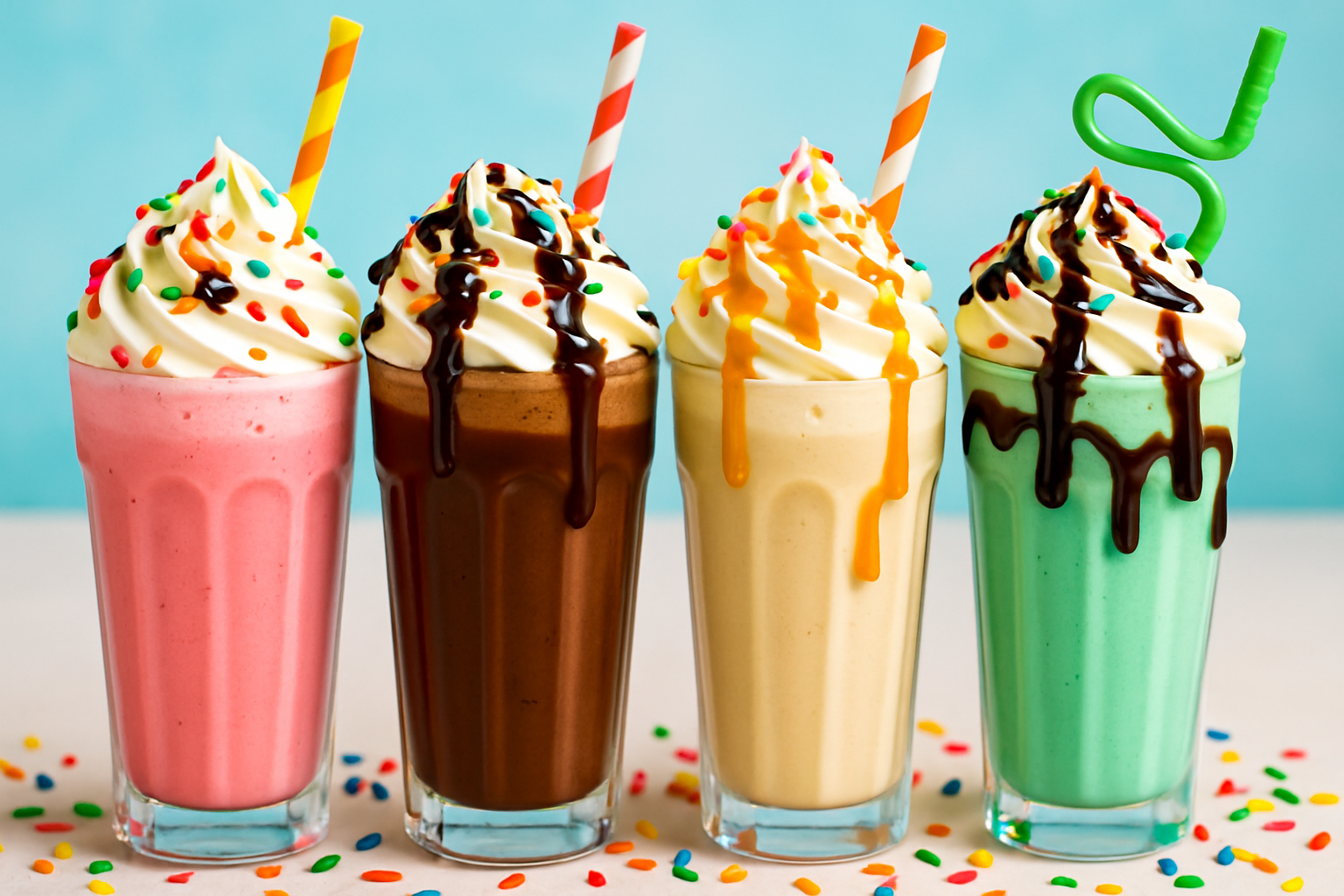 Vibrant milkshake shots → tall glasses with whipped cream swirls, candy sprinkles, drizzles, fun straws. Brighter, more colorful lighting